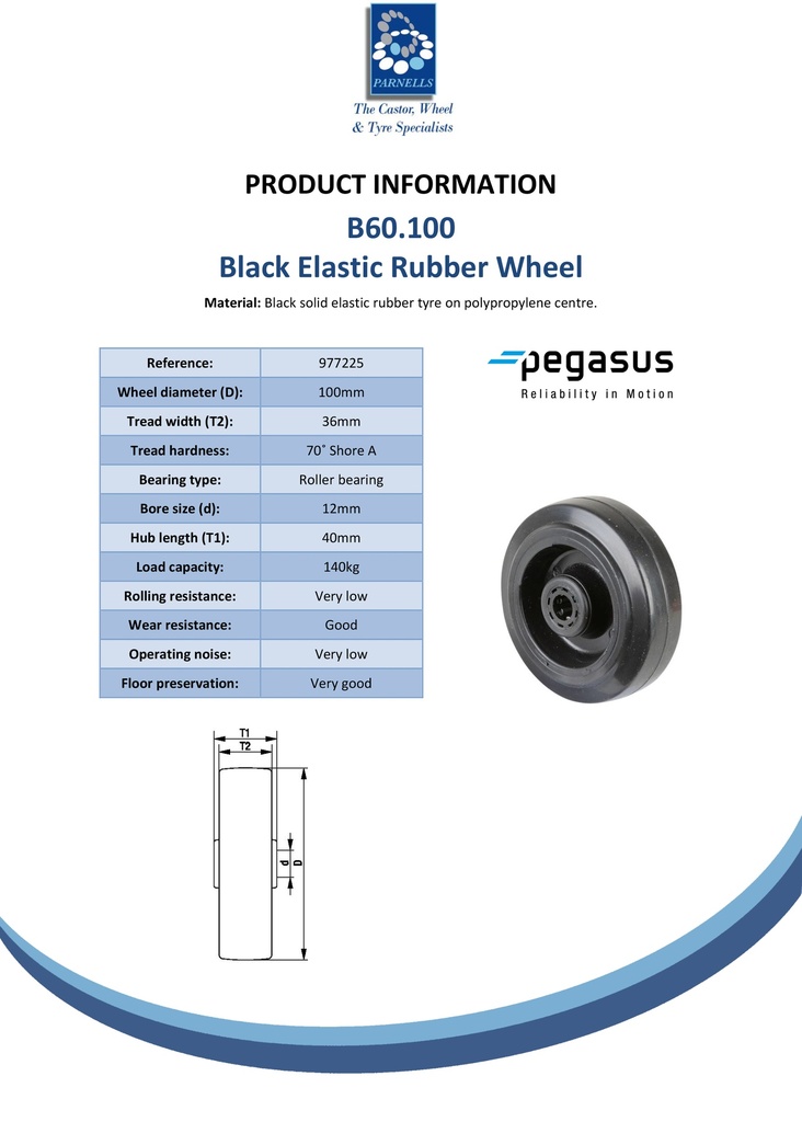 B60.100 Wheel series 100mm black elastic rubber on polypropylene centre 12mm bore hub length 40mm roller bearing 140kg - Spec sheet