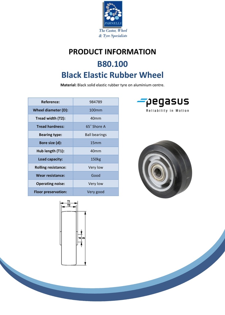 B80.100 Wheel series 100mm black elastic rubber on aluminium centre 15mm bore hub length 40mm ball bearings 150kg - Spec sheet