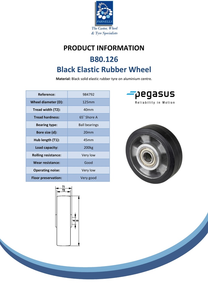 B80.126 Wheel series 125mm black elastic rubber on aluminium centre 20mm bore hub length 45mm ball bearings 200kg - Spec sheet