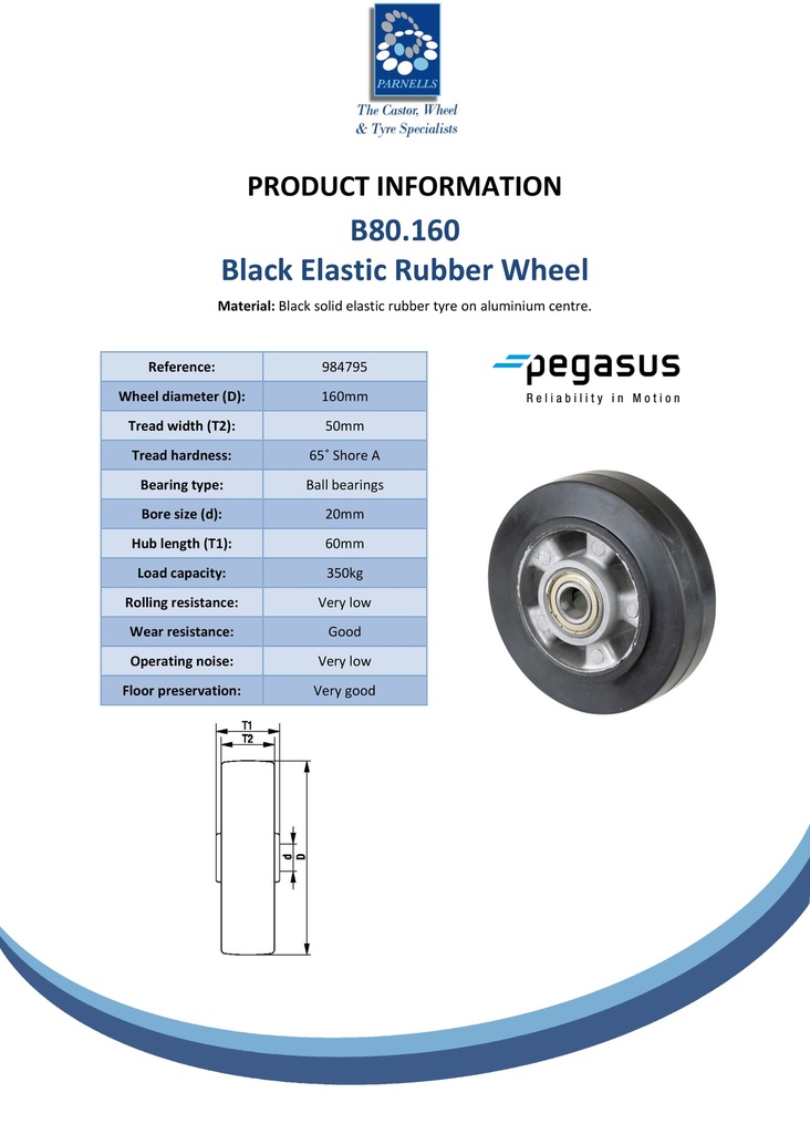 B80.160 Wheel series 160mm black elastic rubber on aluminium centre 20mm bore hub length 60mm ball bearings 350kg - Spec sheet