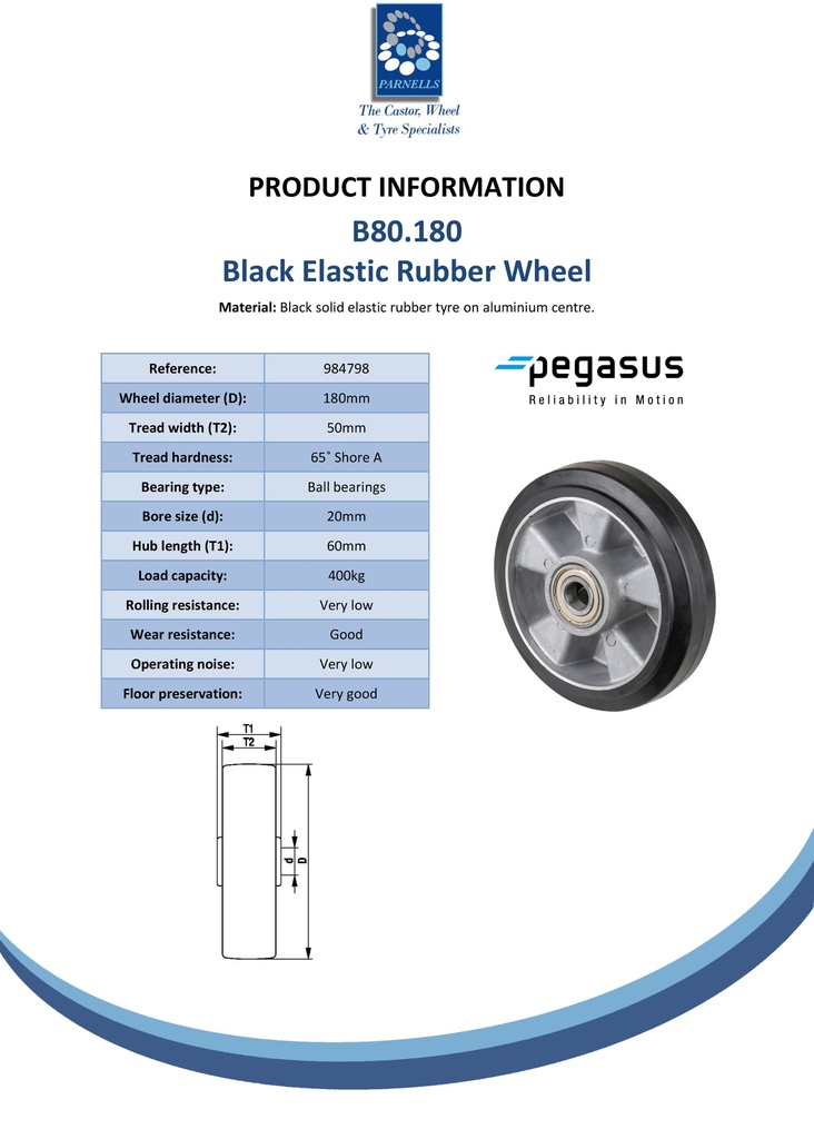 B80.180 Wheel series 180mm black elastic rubber on aluminium centre 20mm bore hub length 60mm ball bearings 400kg - Spec sheet