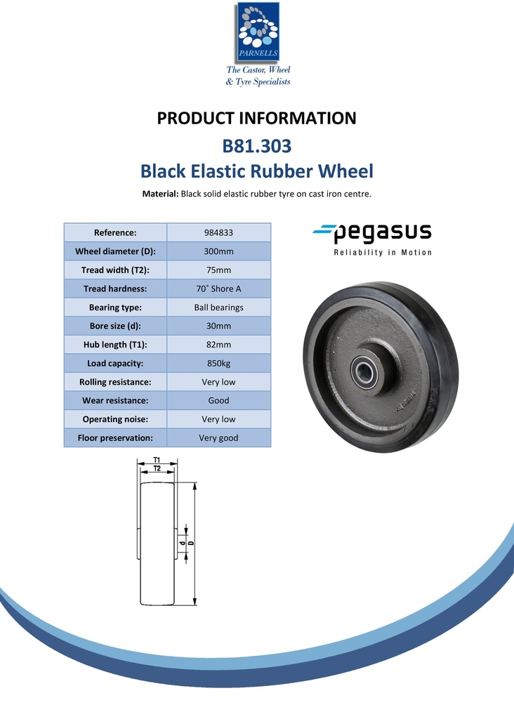 B81.303 Wheel series 300mm black elastic rubber on cast iron centre 30mm bore hub length 82mm ball bearings 850kg - Spec sheet