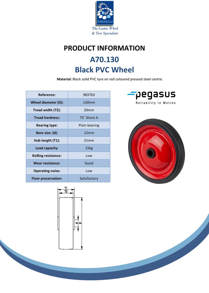 A70.130 Wheel series 130mm black PVC tyre on pressed steel centre 12mm bore hub length 31mm plain bearing 15kg - Spec sheet