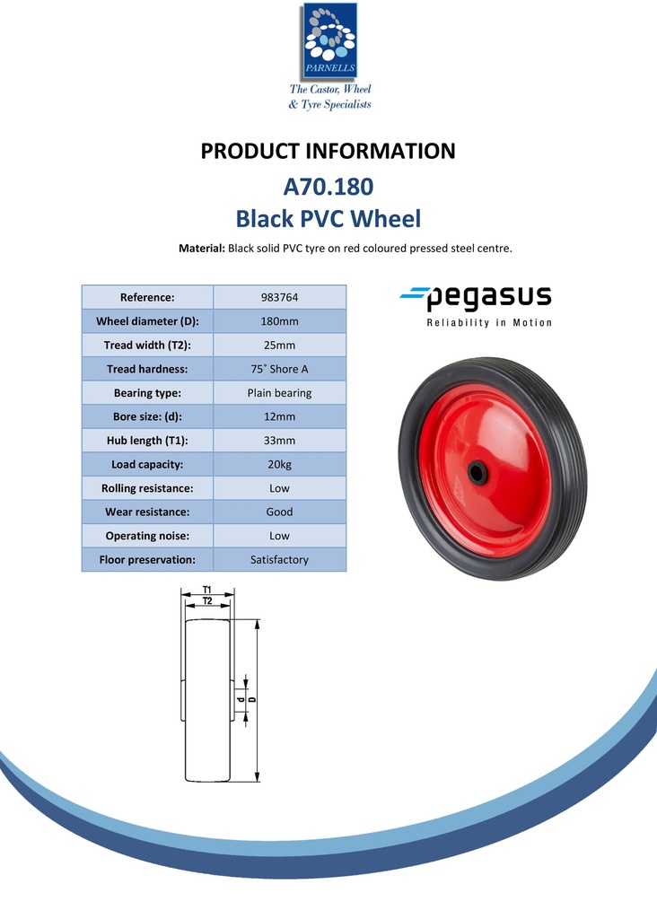 A70.180 Wheel series 180mm black PVC tyre on pressed steel centre 12mm bore hub length 33mm plain bearing 20kg - Spec sheet