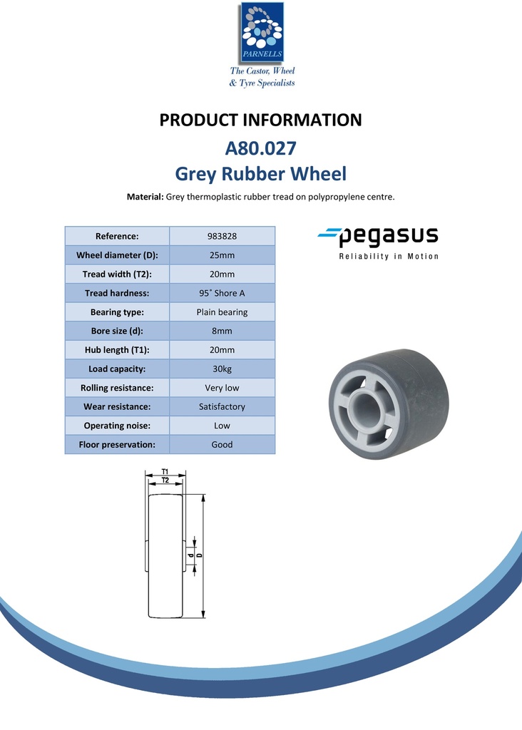 A80.027 Wheel series 25mm grey thermoplastic rubber on polypropylene centre 8mm bore hub length 20mm plain bearing 30kg - Spec sheet