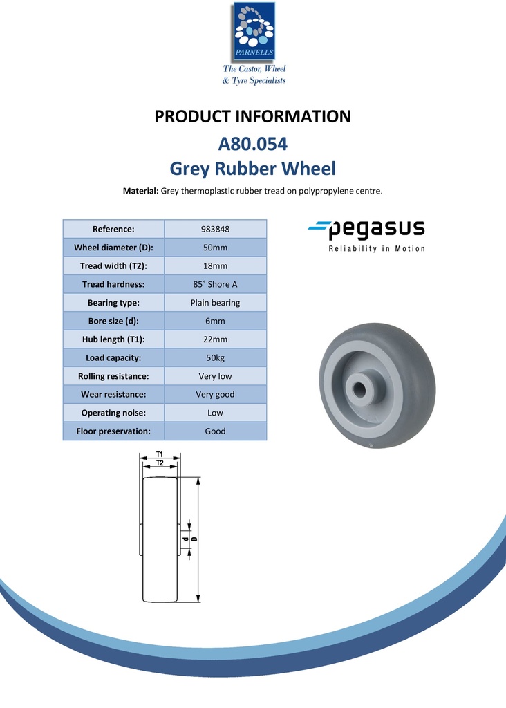 A80.054 Wheel series 50mm grey thermoplastic rubber on polypropylene centre 6mm bore hub length 22mm plain bearing 50kg - Spec sheet