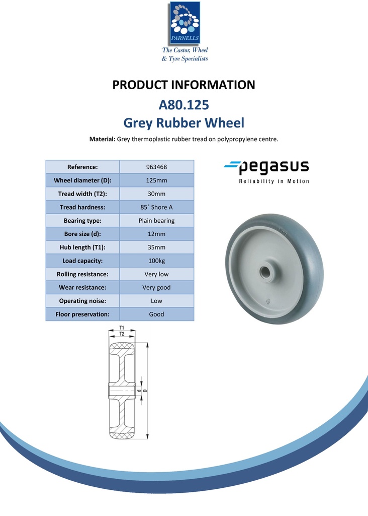 A80.125 Wheel series 125mm grey thermoplastic rubber on polypropylene centre 12mm bore hub length 35mm plain bearing 100kg - Spec sheet