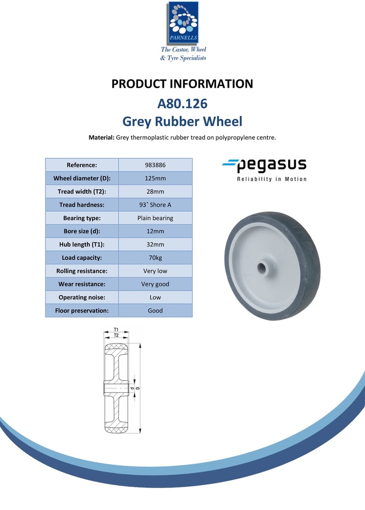 A80.126 Wheel series 125mm grey thermoplastic rubber on polypropylene centre 12mm bore hub length 32mm plain bearing 70kg - Spec sheet