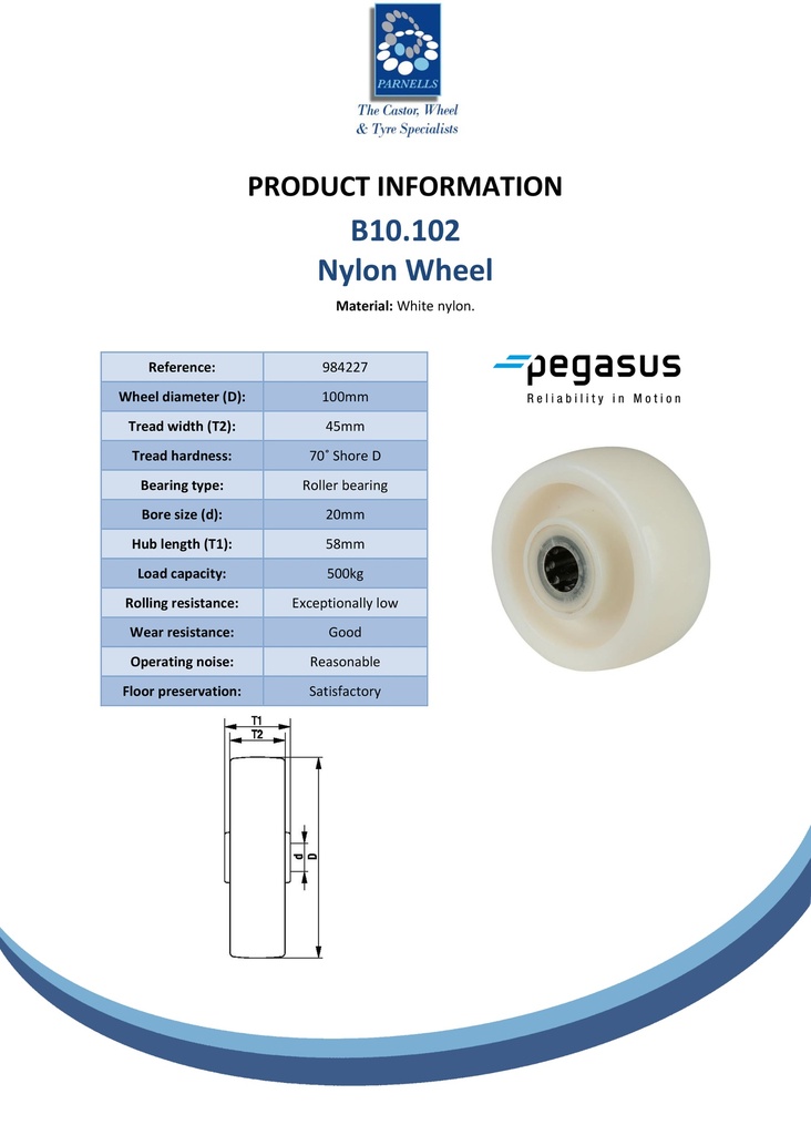 B10.102 Wheel series 100mm nylon 20mm bore hub length 58mm roller bearing 500kg - Spec sheet