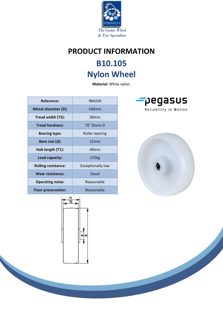 B10.105 Wheel series 100mm nylon 12mm bore hub length 40mm roller bearing 175kg - Spec sheet