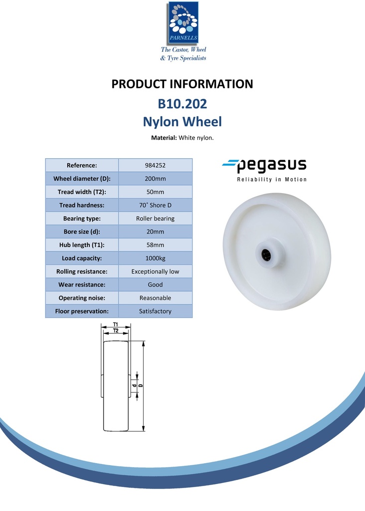 B10.202 Wheel series 200mm nylon 20mm bore hub length 58mm roller bearing 1000kg - Spec sheet