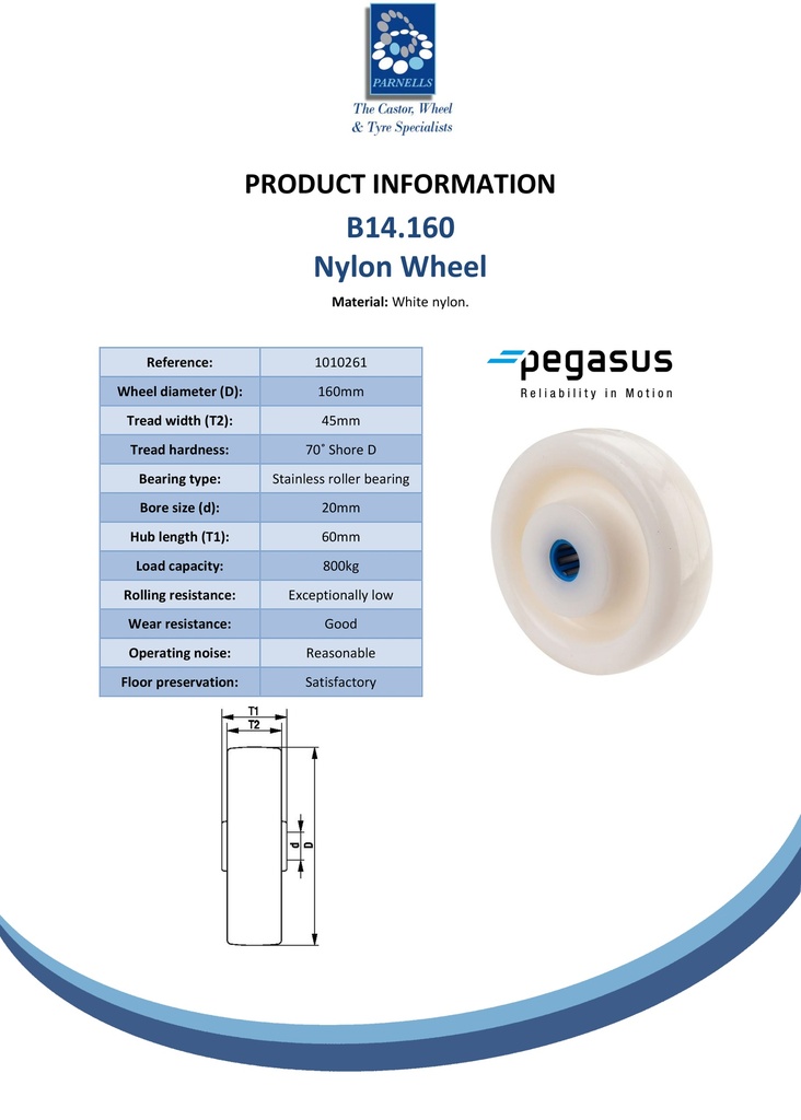 B14.160 Wheel series 160mm nylon 20mm bore hub length 60mm stainless steel roller bearing 800kg - Spec sheet
