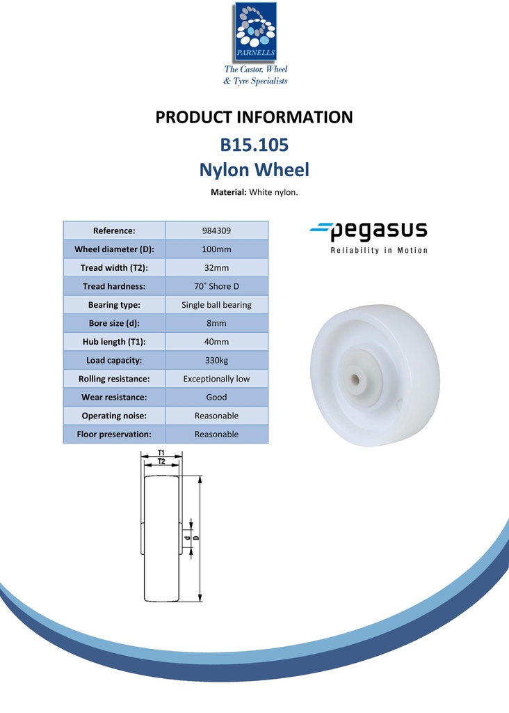 B15.105 Wheel series 100mm nylon 8mm bore hub length 40mm single ball bearing 330kg - Spec sheet