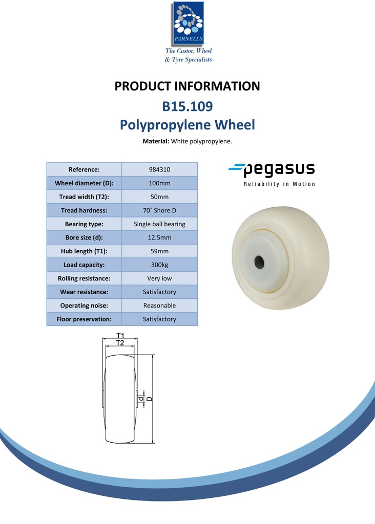B15.109 Wheel series 100mm polypropylene 12.5mm bore hub length 59mm single ball bearing 300kg - Spec sheet
