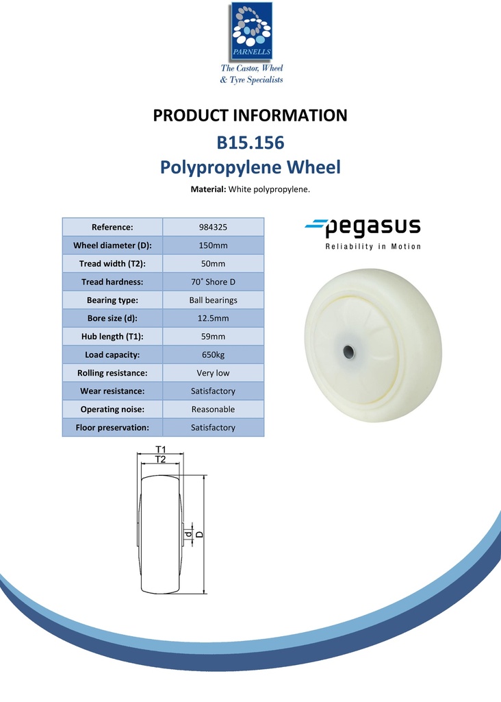 B15.156 Wheel series 150mm polypropylene 12.5mm bore hub length 59mm ball bearing 650kg - Spec sheet