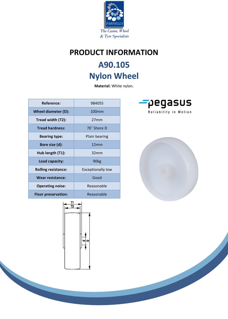 A90.105 Wheel series 100mm nylon 12mm bore hub length 32mm plain bearing 90kg - Spec sheet