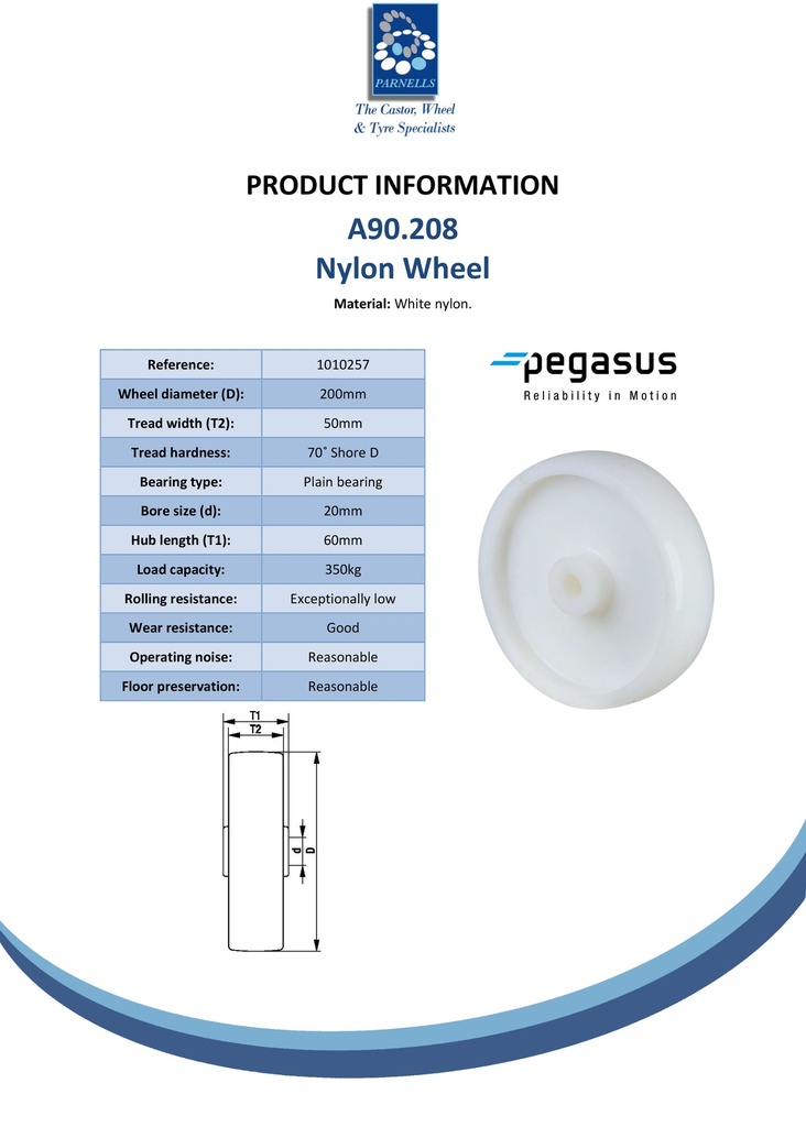 A90.208 Wheel series 200mm nylon 20mm bore hub length 60mm plain bearing 350kg - Spec sheet