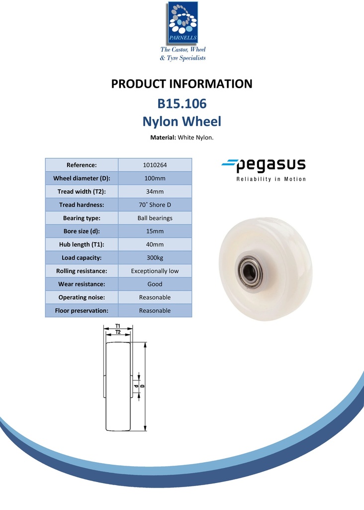 B15.106 Wheel series 100mm nylon 15mm bore hub length 40mm ball bearing 300kg - Spec sheet
