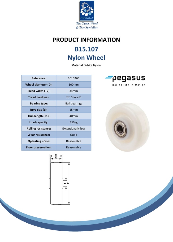 B15.107 Wheel series 100mm nylon 15mm bore hub length 40mm ball bearing 450kg - Spec sheet
