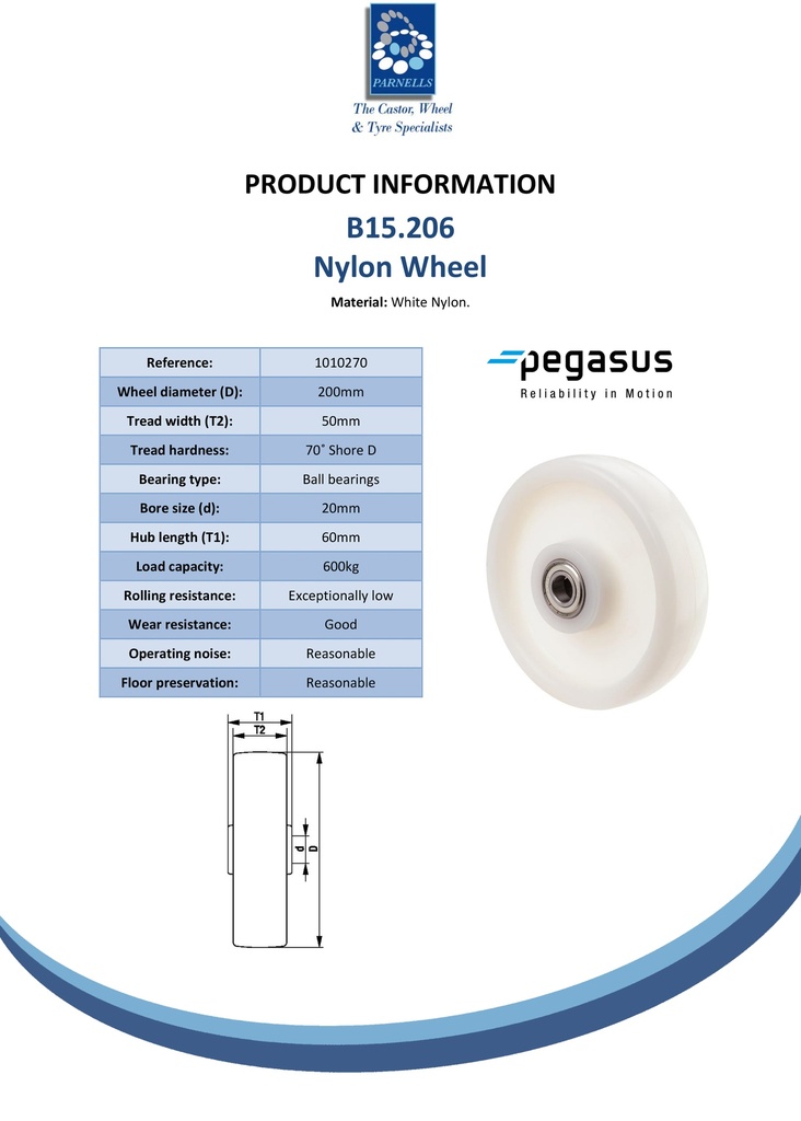 B15.206 Wheel series 200mm nylon 20mm bore hub length 60mm ball bearing 600kg - Spec sheet
