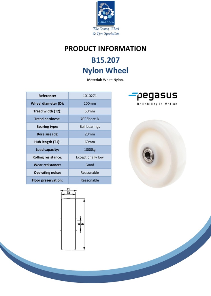 B15.207 Wheel series 200mm nylon 20mm bore hub length 60mm ball bearing 1000kg - Spec sheet