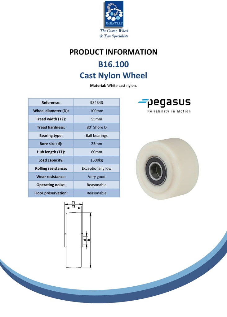 B16.100 Wheel series 100mm cast nylon 25mm bore hub length 60mm ball bearing 1500kg - Spec sheet