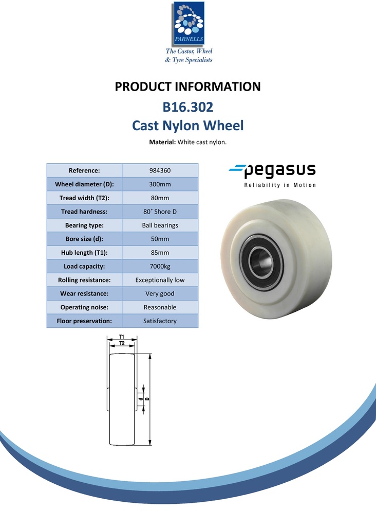 B16.302 Wheel series 300mm cast nylon 50mm bore hub length 85mm ball bearing 7000kg - Spec sheet