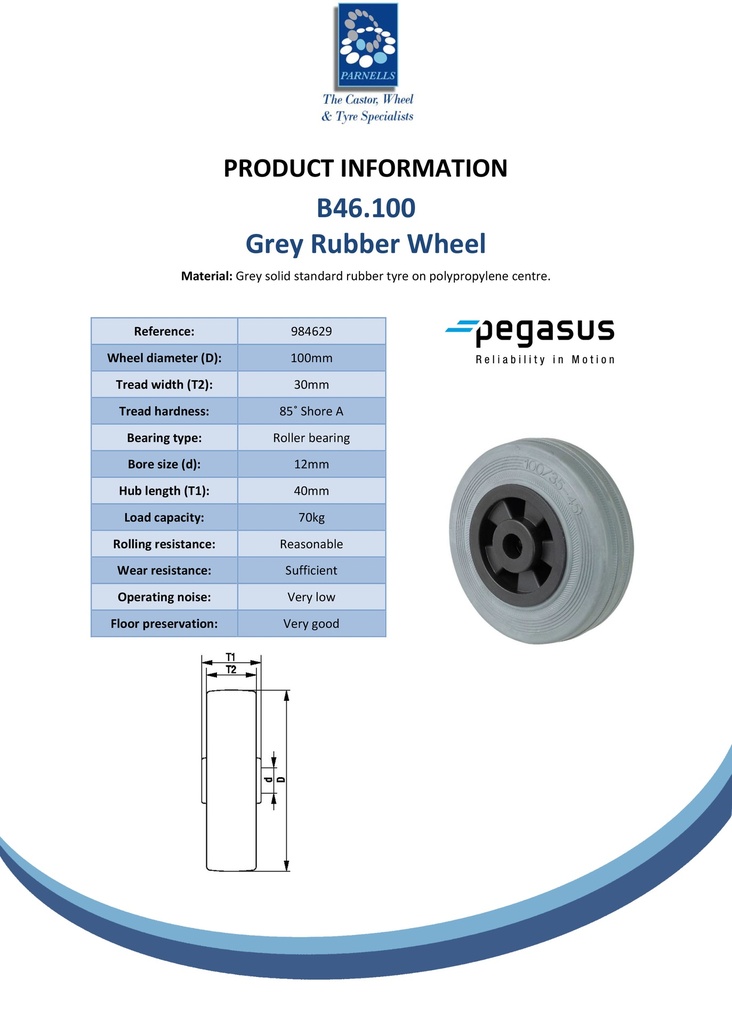 B46.100 Wheel series 100mm grey rubber on polypropylene centre 12mm bore hub length 40mm roller bearing 70kg - Spec sheet