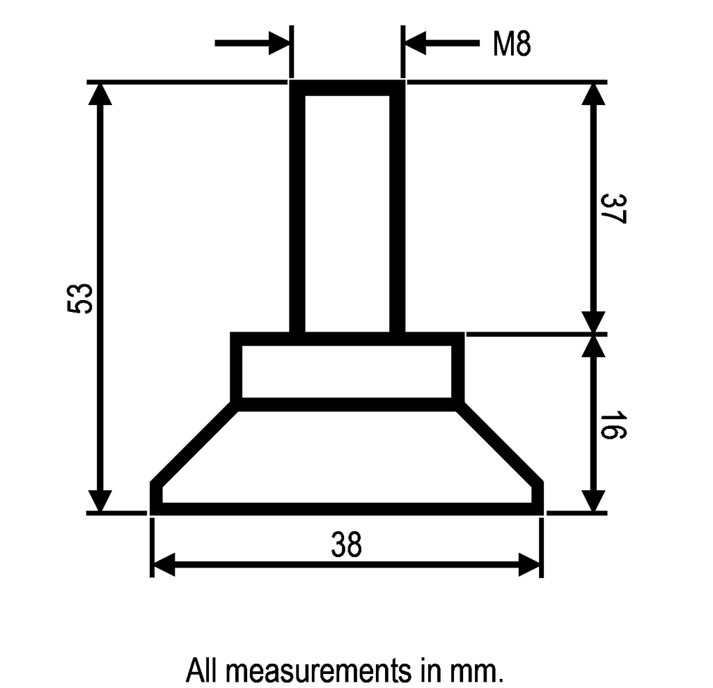 M8x37 Zinc plated rigid levelling foot 38mm plastic base 100kg - Dimensions