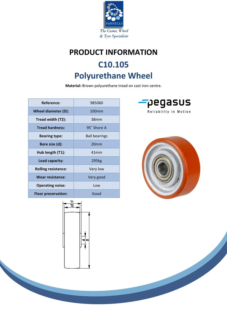 C10.105 Wheel series 100mm brown Prothane® polyurethane on cast iron centre 20mm bore hub length 41mm ball bearing 295kg - Spec sheet
