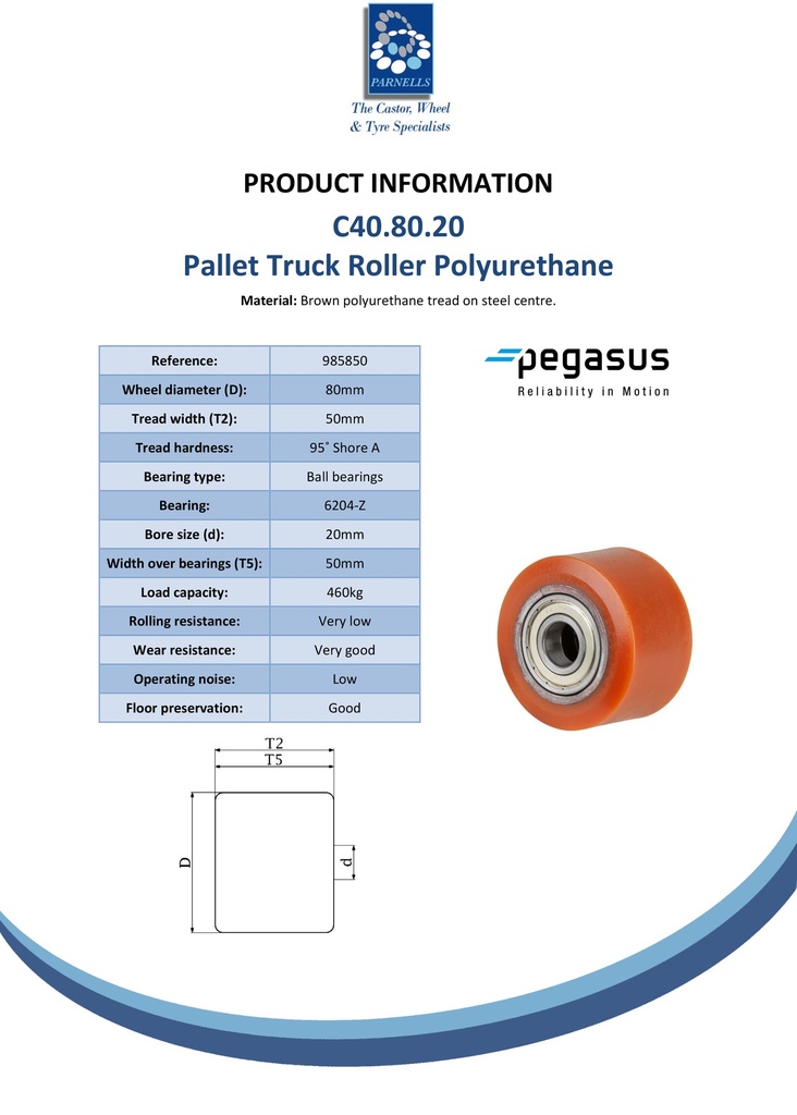 C40.80.20 Wheel series Pallet truck roller 80x50mm brown polyurethane on steel centre 20mm bore, width over ball bearings 50mm 460kg - Spec sheet