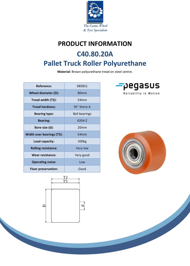 C40.80.20A Wheel series Pallet truck roller 80x54mm brown polyurethane on steel centre 20mm bore, width over ball bearings 54mm 500kg - Spec sheet
