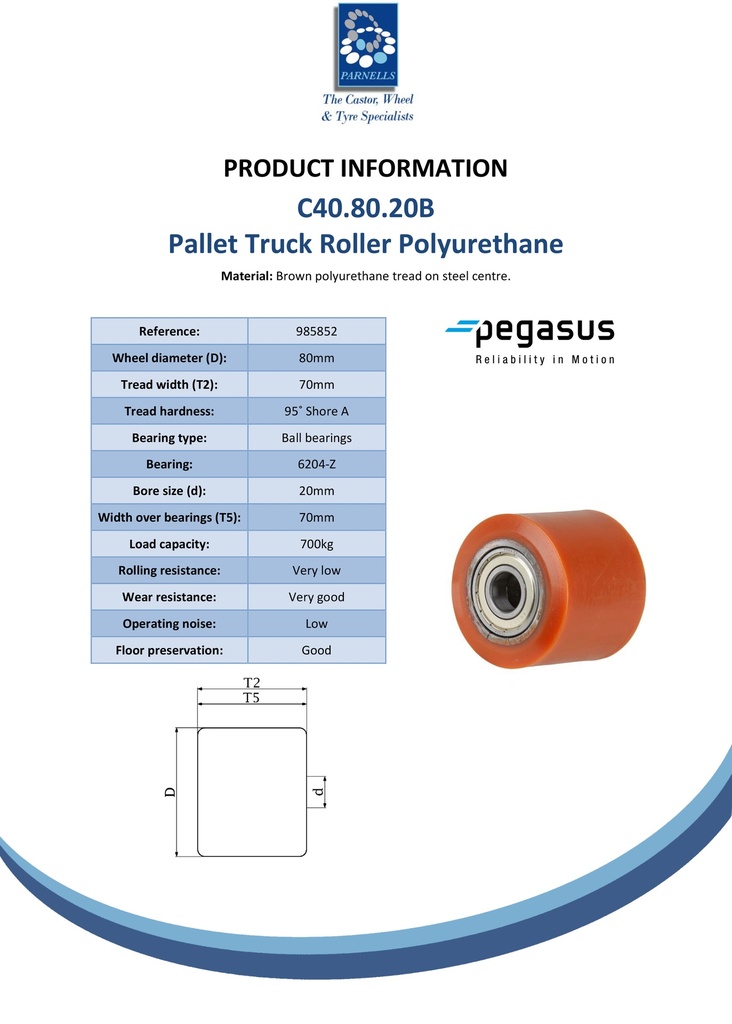 C40.80.20B Wheel series Pallet truck roller 80x70mm brown polyurethane on steel centre 20mm bore, width over ball bearings 70mm, 700kg - Spec sheet