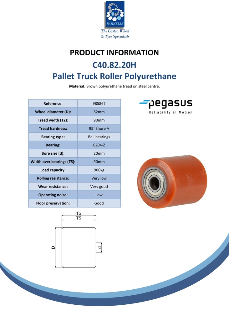 C40.82.20H Wheel series Pallet truck roller 82x90mm brown polyurethane on steel centre 20mm bore, width over ball bearings 90mm, 900kg - Spec sheet