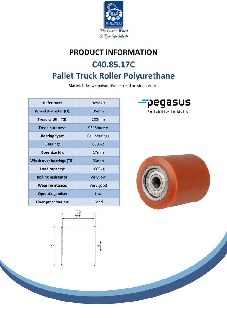 C40.85.17C Wheel series Pallet truck roller 85x100mm brown polyurethane on steel centre 17mm bore, width over ball bearings 93mm, 1000kg - Spec sheet