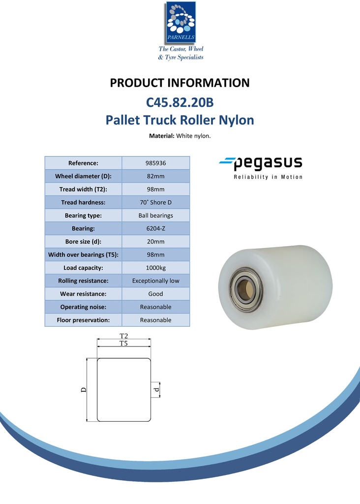 C45.82.20B Wheel series Pallet truck roller 82x98mm white nylon 20mm bore, width over ball bearings 98mm, 1000kg - Spec sheet