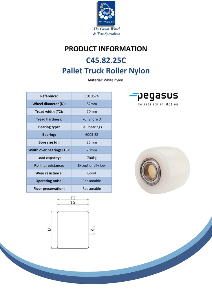 C45.82.25C Wheel series Pallet truck roller 82x70mm white nylon 25mm bore, width over ball bearings 70mm, 700kg - Spec sheet