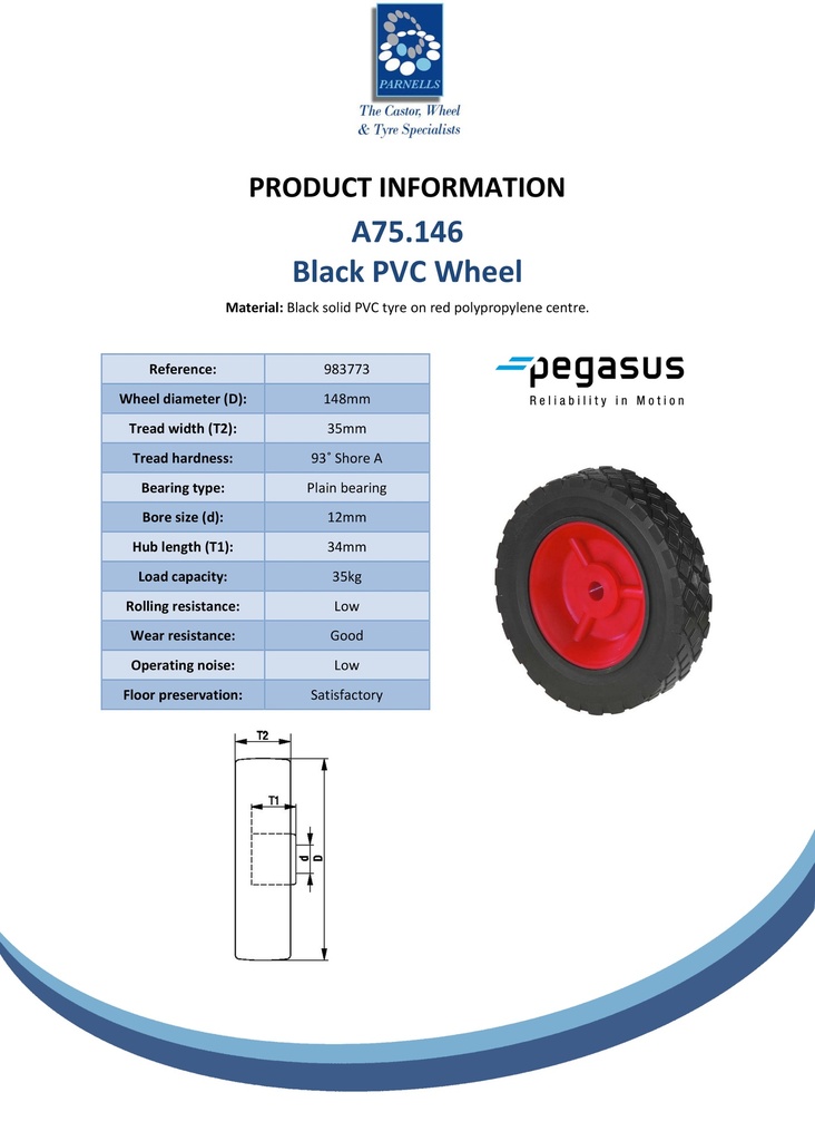 A75.146 Wheel series 148mm black PVC tyre on polypropylene centre 12mm bore hub length 34mm plain bearing 35kg - Spec sheet
