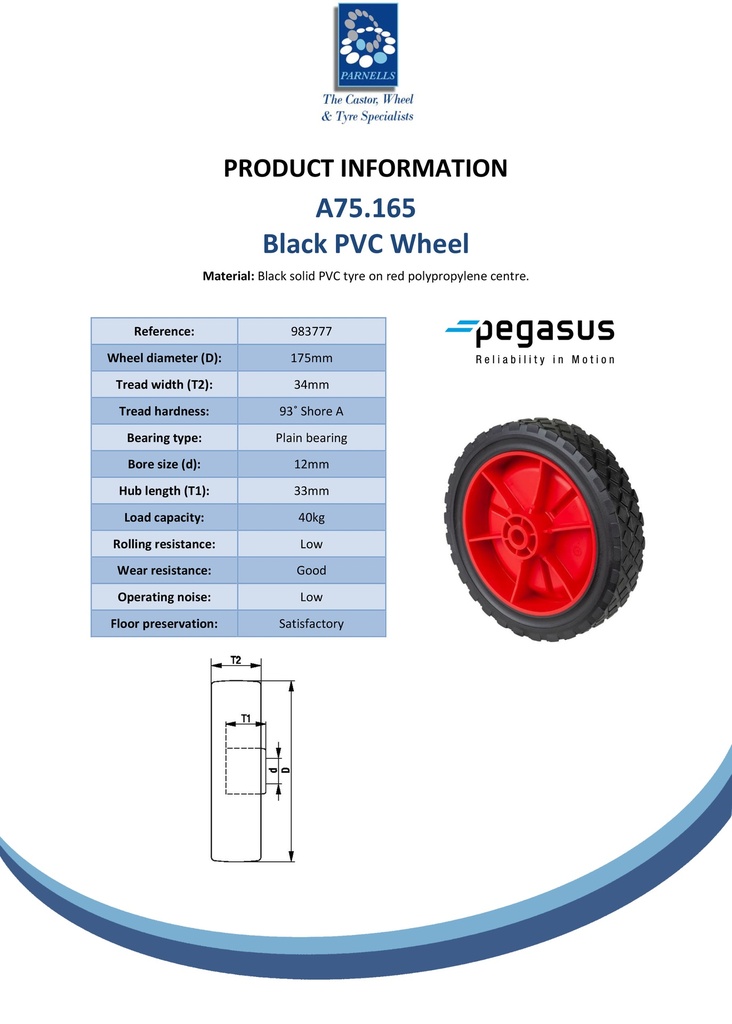 A75.165 Wheel series 175mm black PVC tyre on polypropylene centre 12mm bore hub length 33mm plain bearing 40kg - Spec sheet