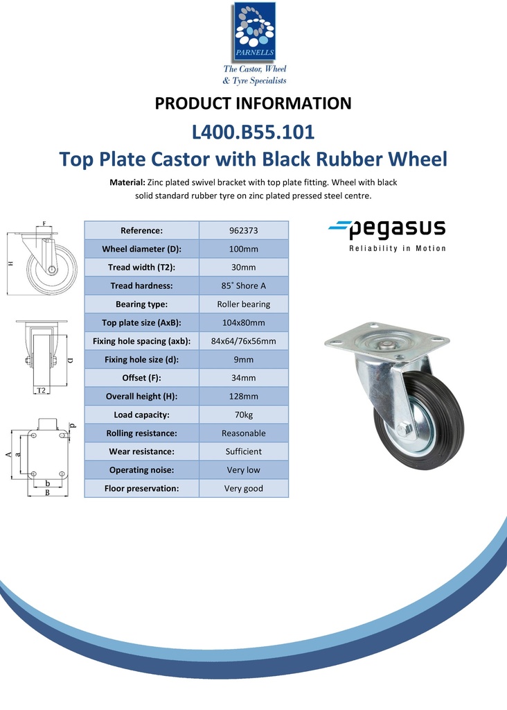 L400.B55.101 100mm swivel top plate 104x80mm castor with black rubber on pressed steel centre and thread guards roller bearing wheel 70kg - Spec sheet
