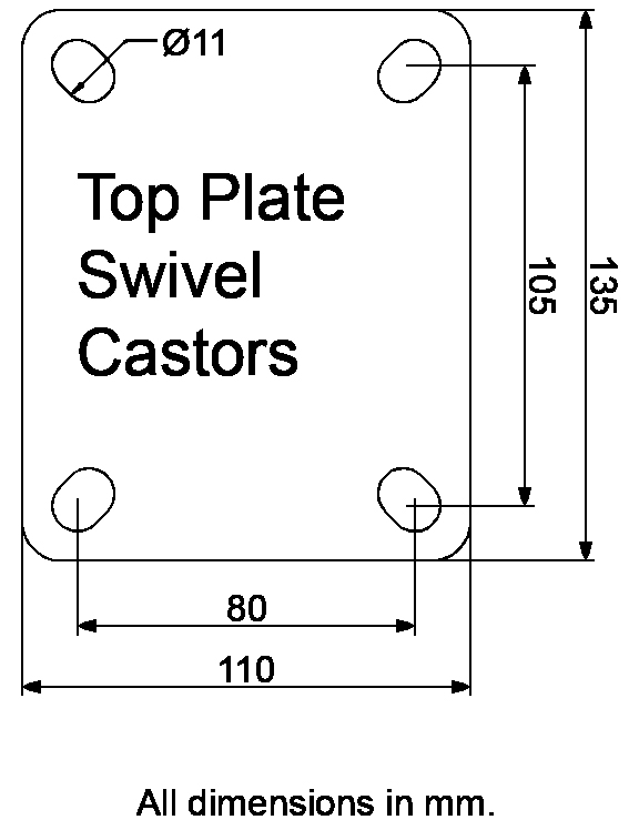 L400.B55.201 200mm swivel top plate 135x110mm castor with black rubber on pressed steel centre and thread guards roller bearing wheel 205kg - Plate dimensions