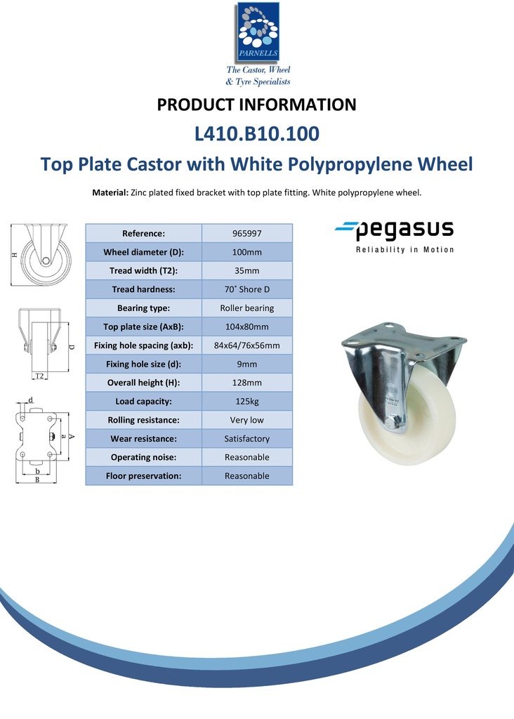 L410.B10.100 100mm fixed top plate 104x80mm castor with polypropylene roller bearing wheel 125kg - Spec sheet