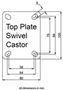 L400.B10.125 125mm swivel top plate 105x80mm castor with polypropylene roller bearing wheel 175kg - Plate dimensions