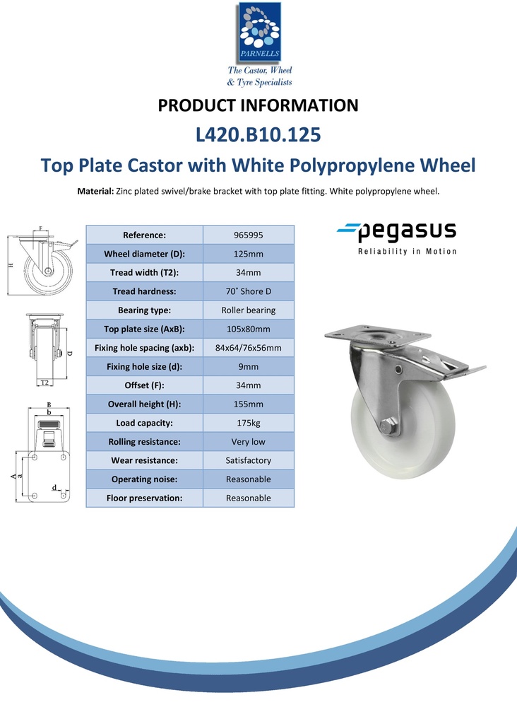 L420.B10.125 125mm swivel/brake top plate 105x80mm castor with polypropylene roller bearing wheel 175kg - Spec sheet