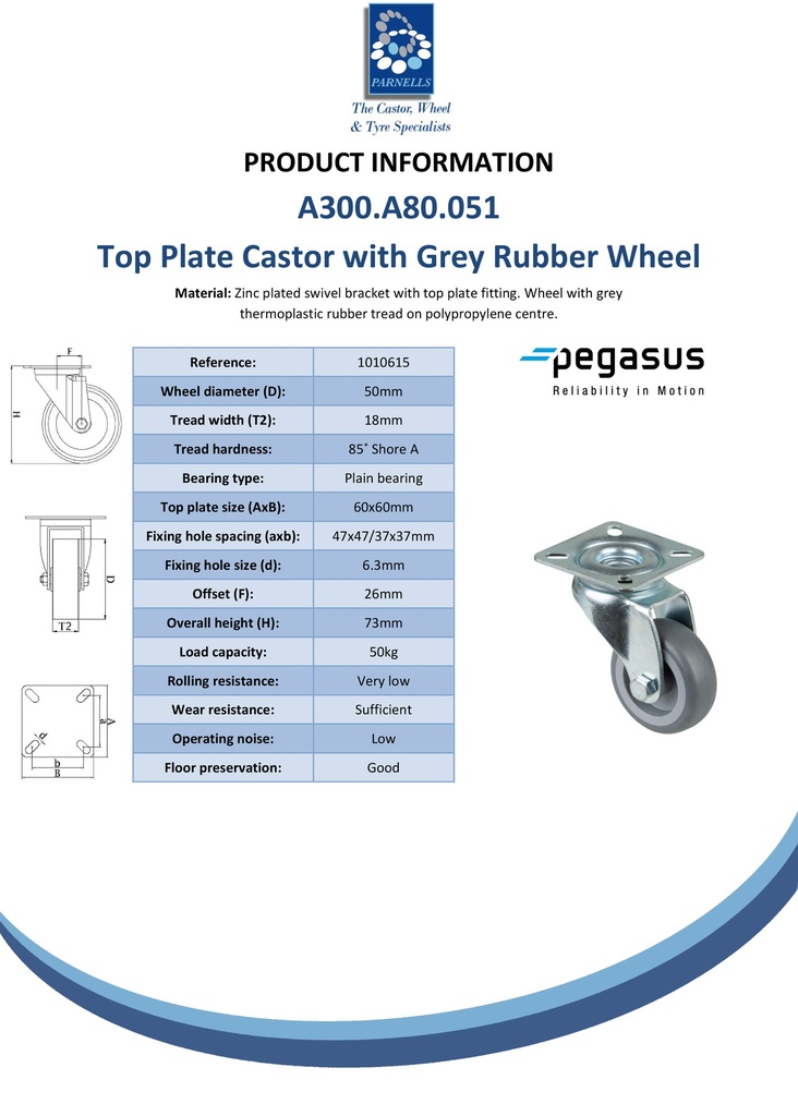 A300.A80.051 50mm swivel top plate 60x60mm castor with grey thermoplastic rubber on polypropylene centre plain bearing wheel 50kg - Spec sheet