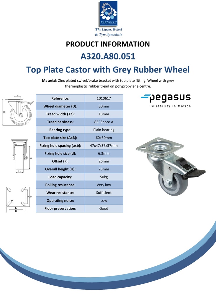 A320.A80.051 50mm swivel/brake top plate 60x60mm castor with grey thermoplastic rubber on polypropylene centre plain bearing wheel 50kg - Spec sheet