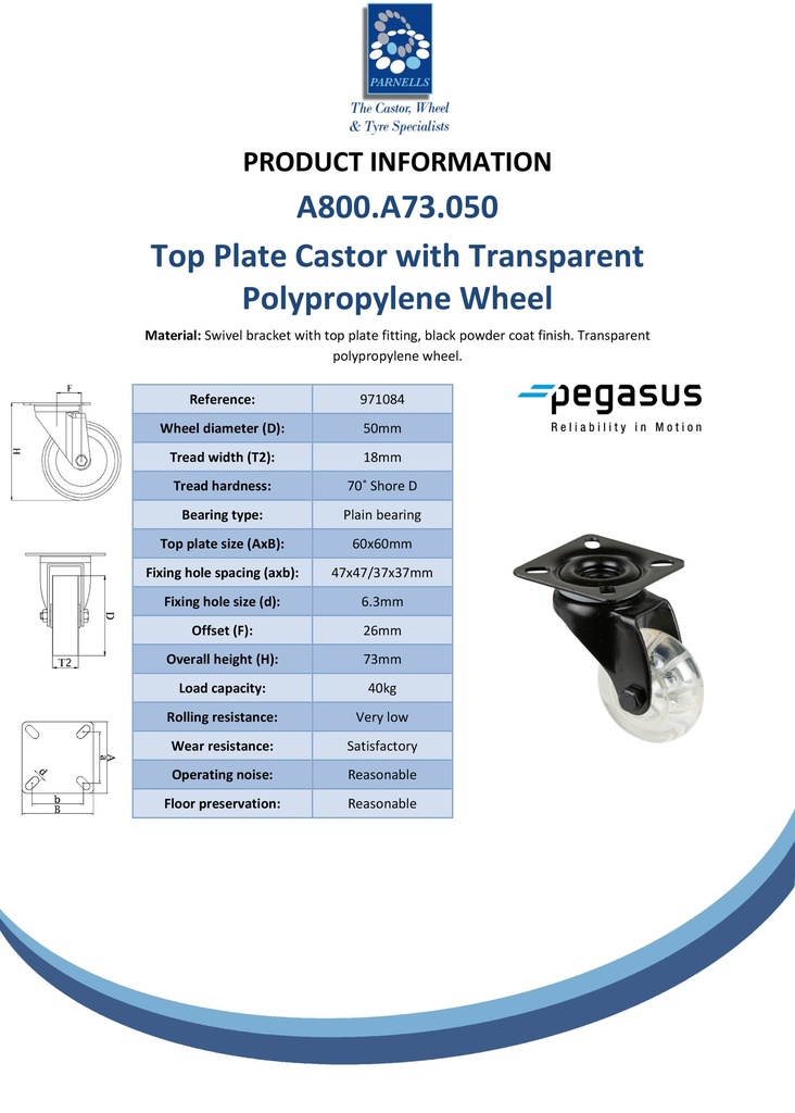 A800.A73.050 50mm swivel top plate 60x60mm castor with transparent polypropylene plain bearing wheel 40kg - Spec sheet