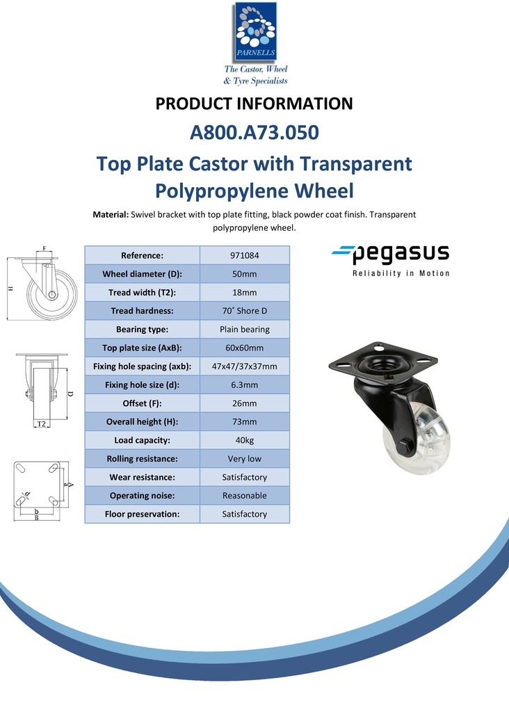 A800.A73.050 50mm swivel top plate 60x60mm castor with transparent polypropylene plain bearing wheel 40kg - Spec sheet