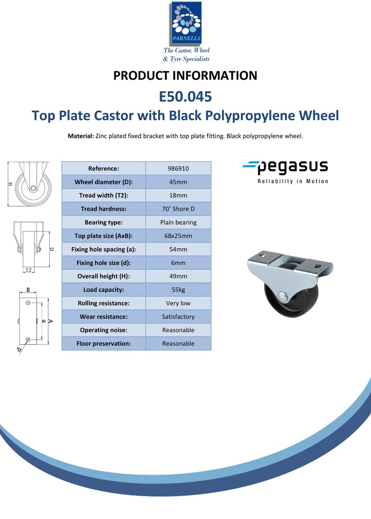 E50.045 45mm fixed top plate 68x25mm castor with black polypropylene plain bearing wheel 55kg - Spec sheet