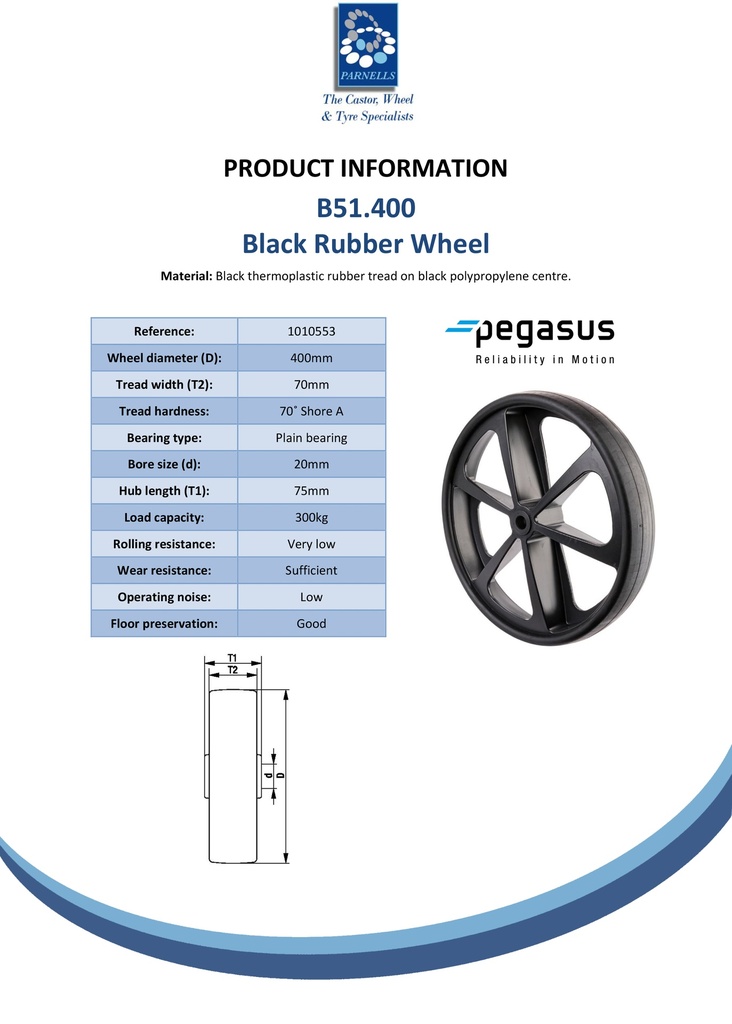 B51.400 Wheel series 400mm black thermoplastic rubber on black polypropylene centre 20mm bore hub length 75mm plain bearing 300kg - Spec sheet